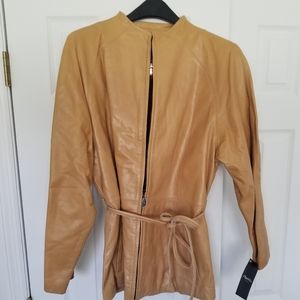 Marcia Leather collarless jacket with tags Size XL Camel.